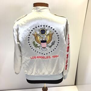 Vtg 1984 USA-1 Style Auto LA Olympics Satin Bomber Jacket Mens Zip Up Coat Sz M